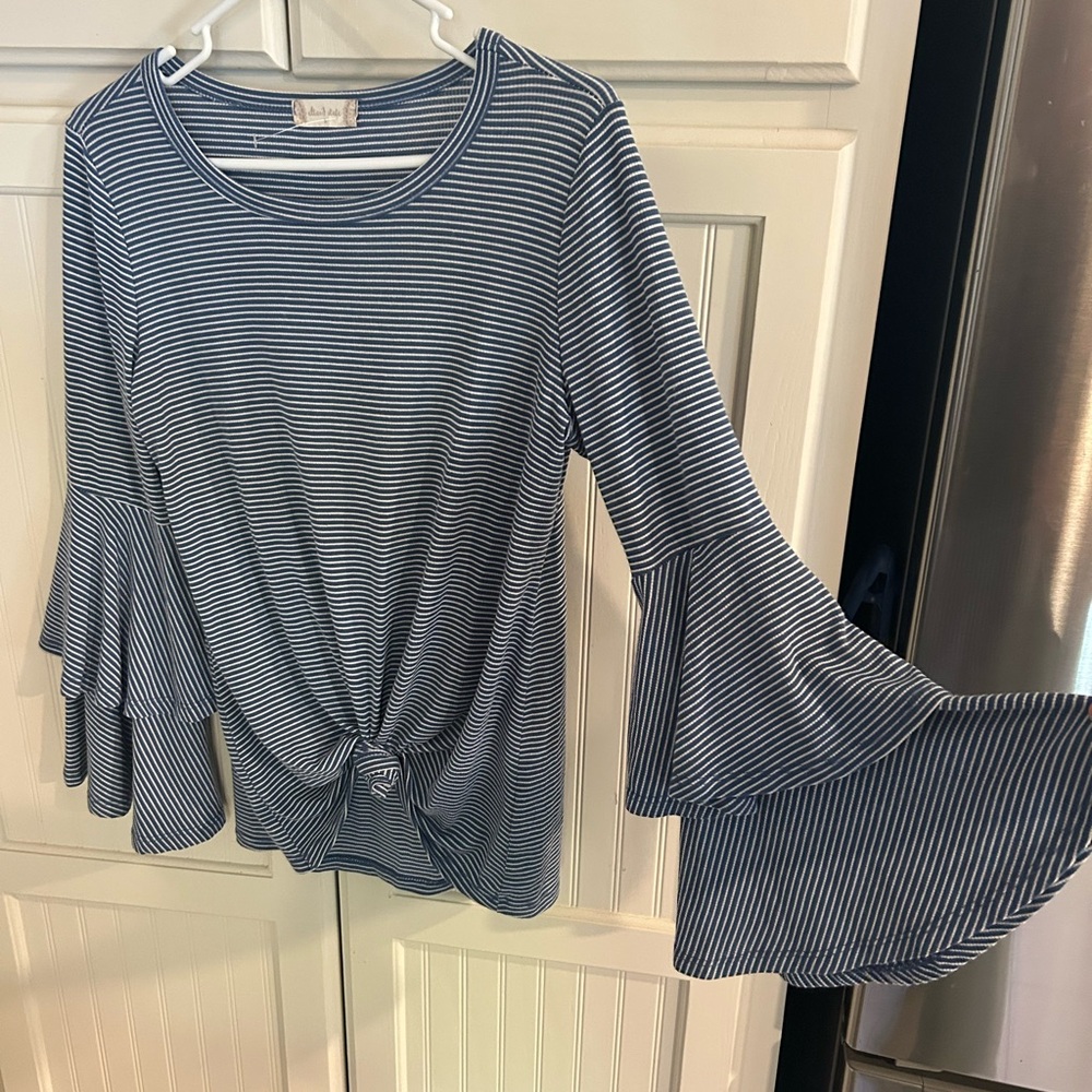 Altar’d State Women's Nautical Striped Bell Sleeve Top - Navy and White. Size S.